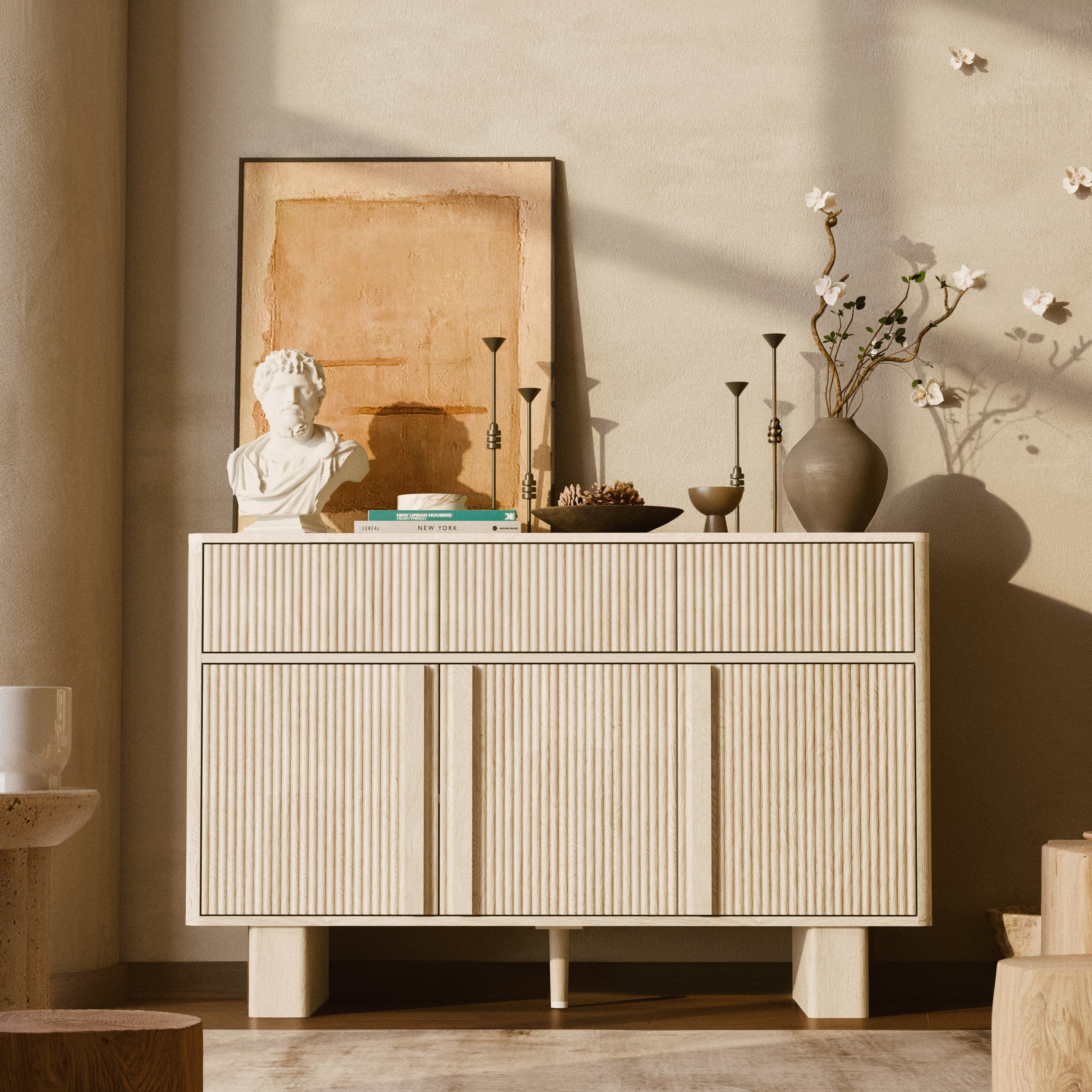 Sideboard Buffet Cabinet with Storage, Whitewashed Oak