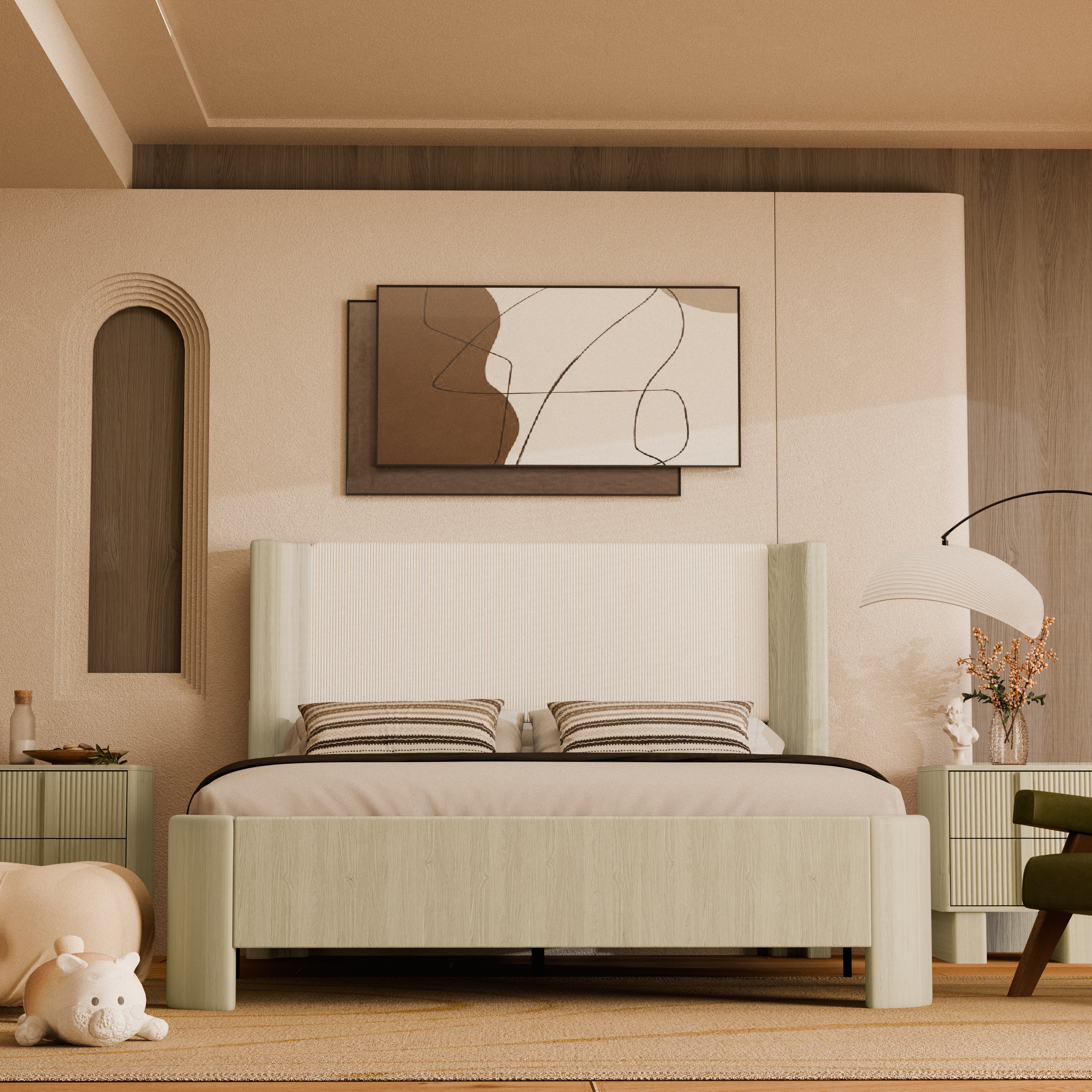 Upholstered Bed Frame with Underbed Motion Sensor Night Light, Whitewa ...